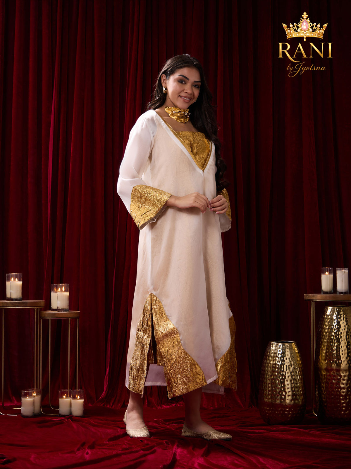 Ivory Organza Kaftan & Gold Slip Dress Set