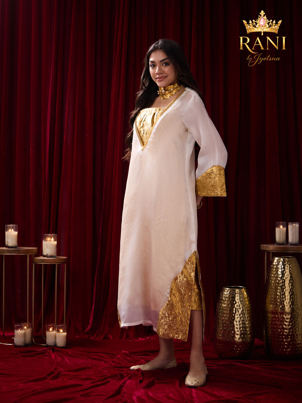 Ivory Organza Kaftan & Gold Slip Dress Set