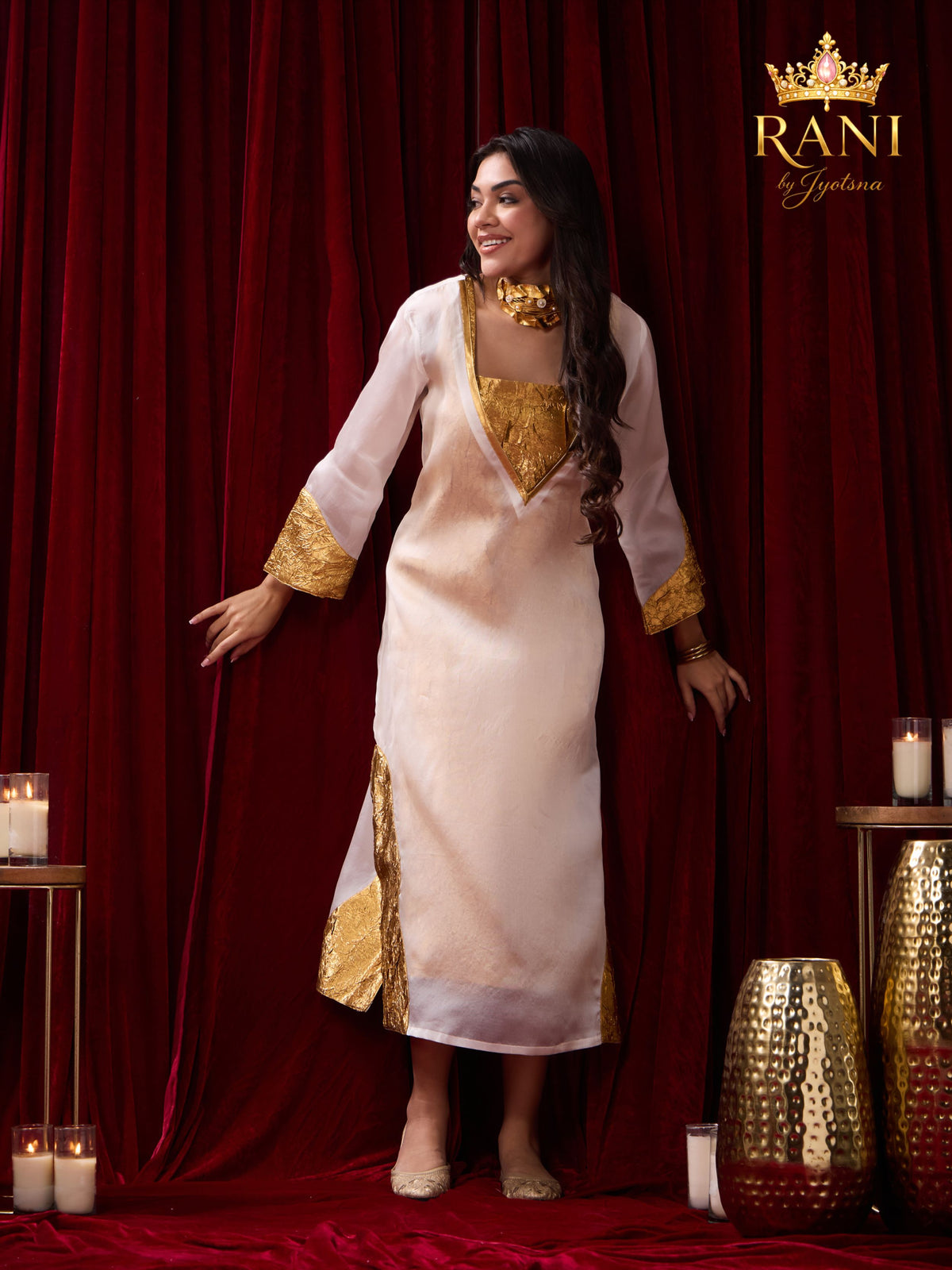 Ivory Organza Kaftan & Gold Slip Dress Set