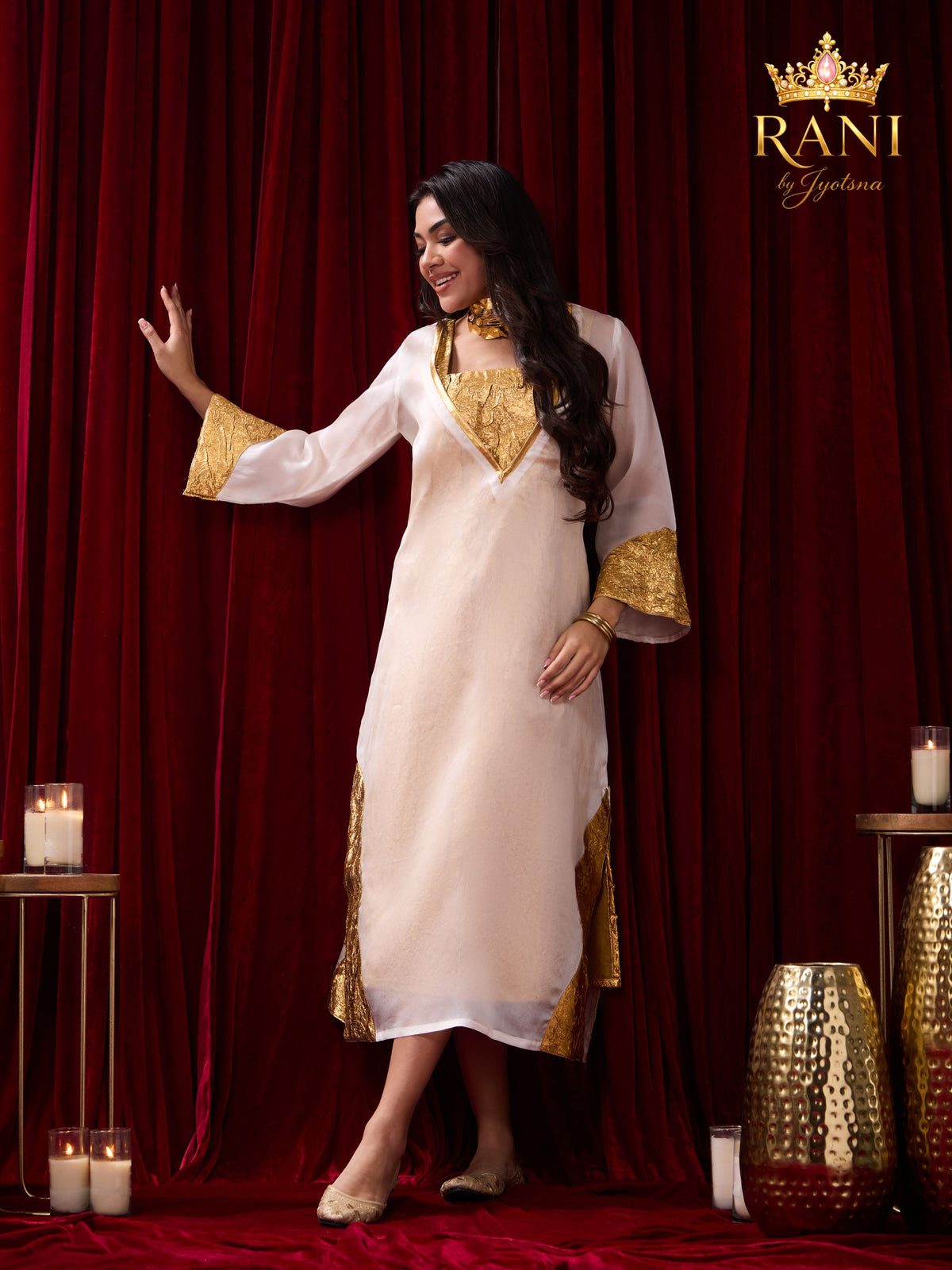 Ivory Organza Kaftan & Gold Slip Dress Set