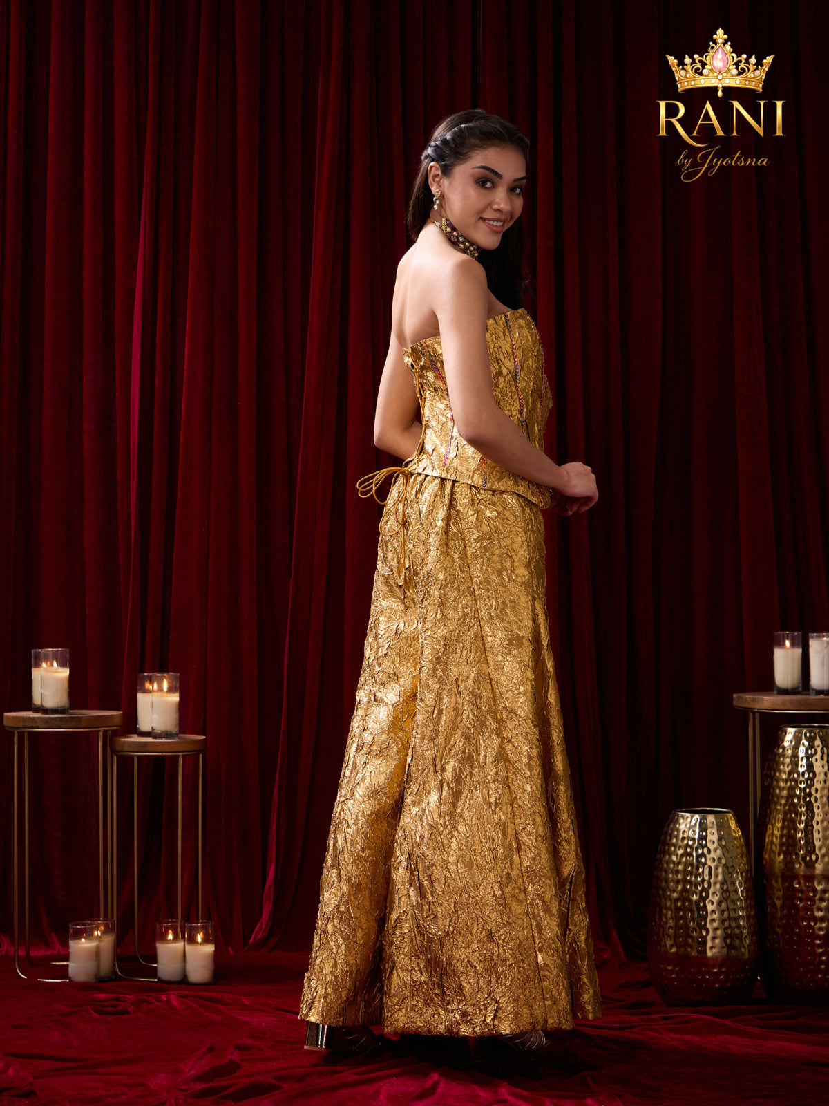 Gold Metallic Crinkle Corset & Wide-Leg Pants Set