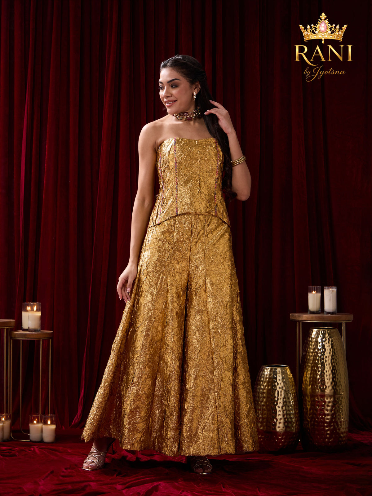 Gold Metallic Crinkle Corset & Wide-Leg Pants Set