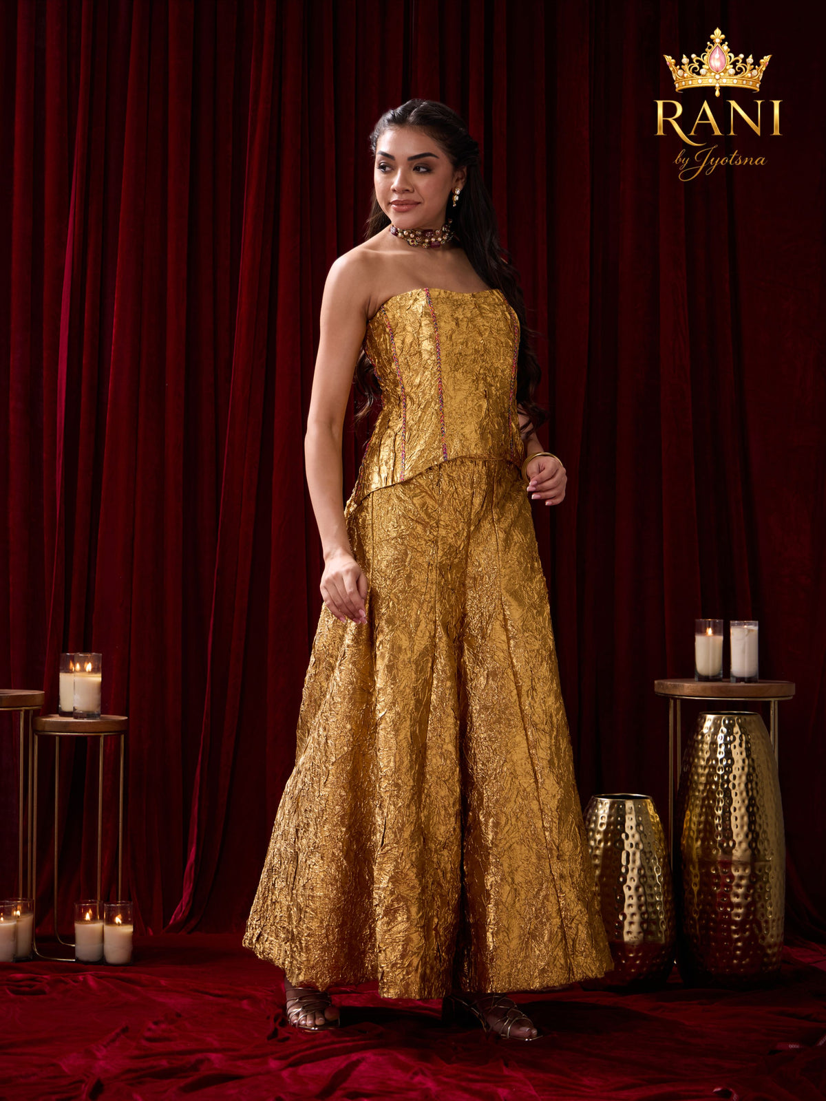 Gold Metallic Crinkle Corset & Wide-Leg Pants Set