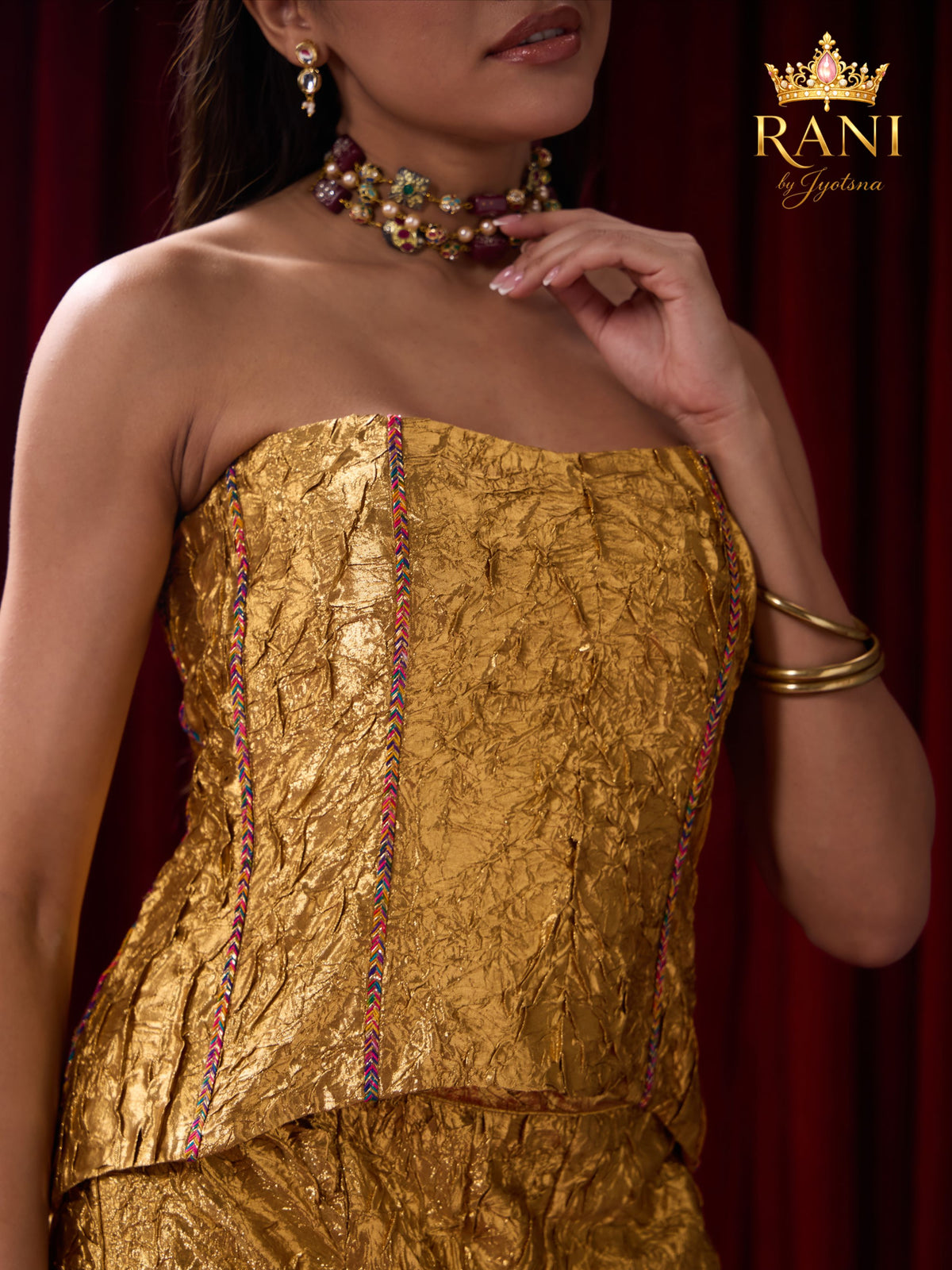 Gold Metallic Crinkle Corset & Wide-Leg Pants Set