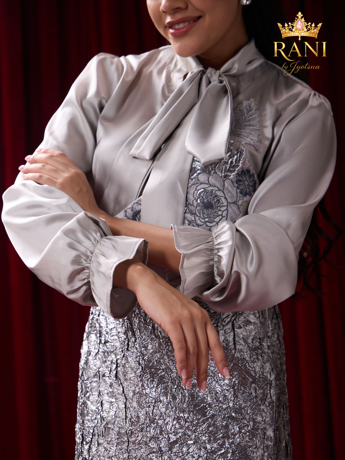 Silver Bow-Neck Satin Blouse & Textured Metallic Skirt Set