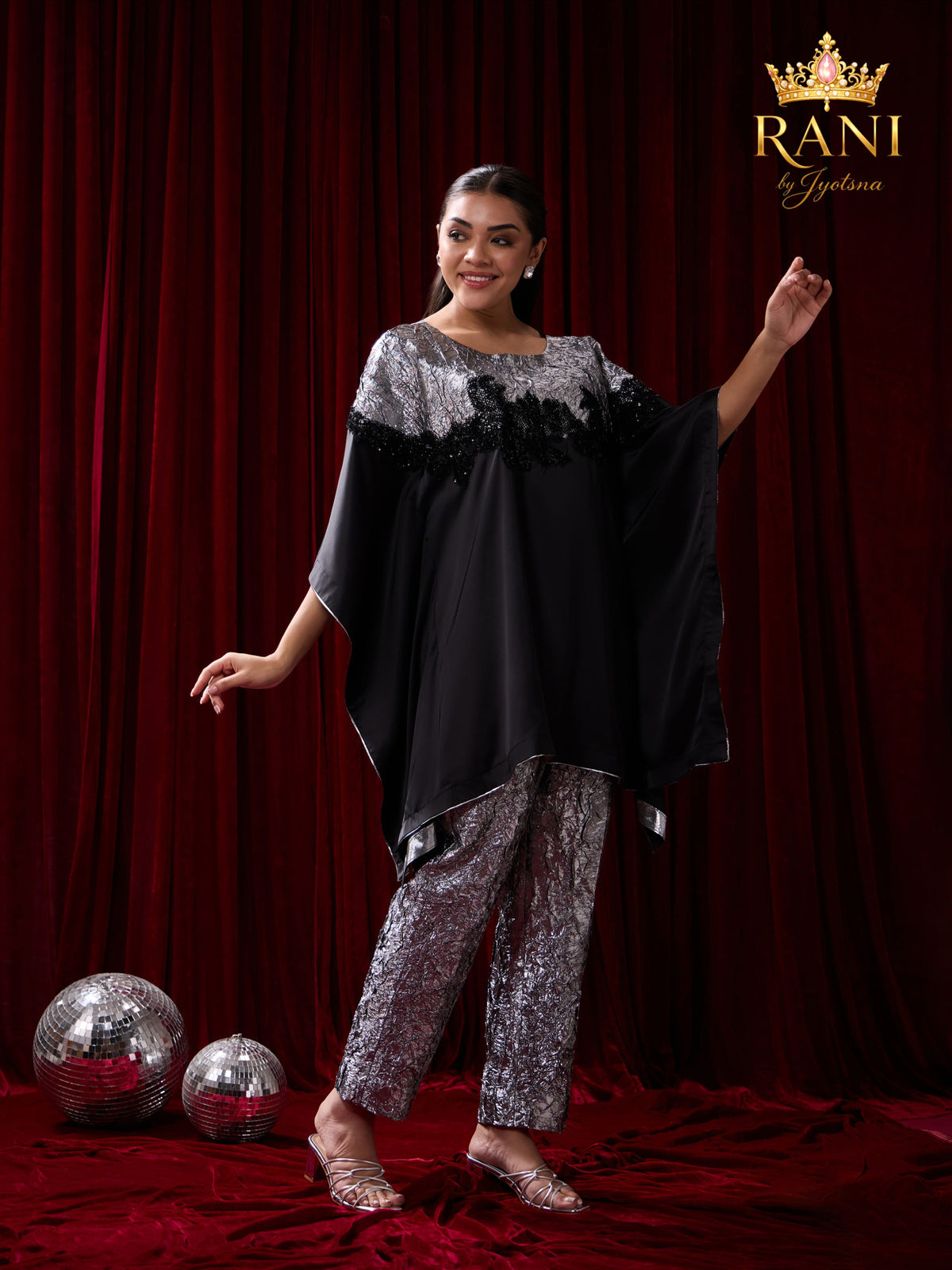 Silver & Black Embellished Kaftan Co-Ord Set
