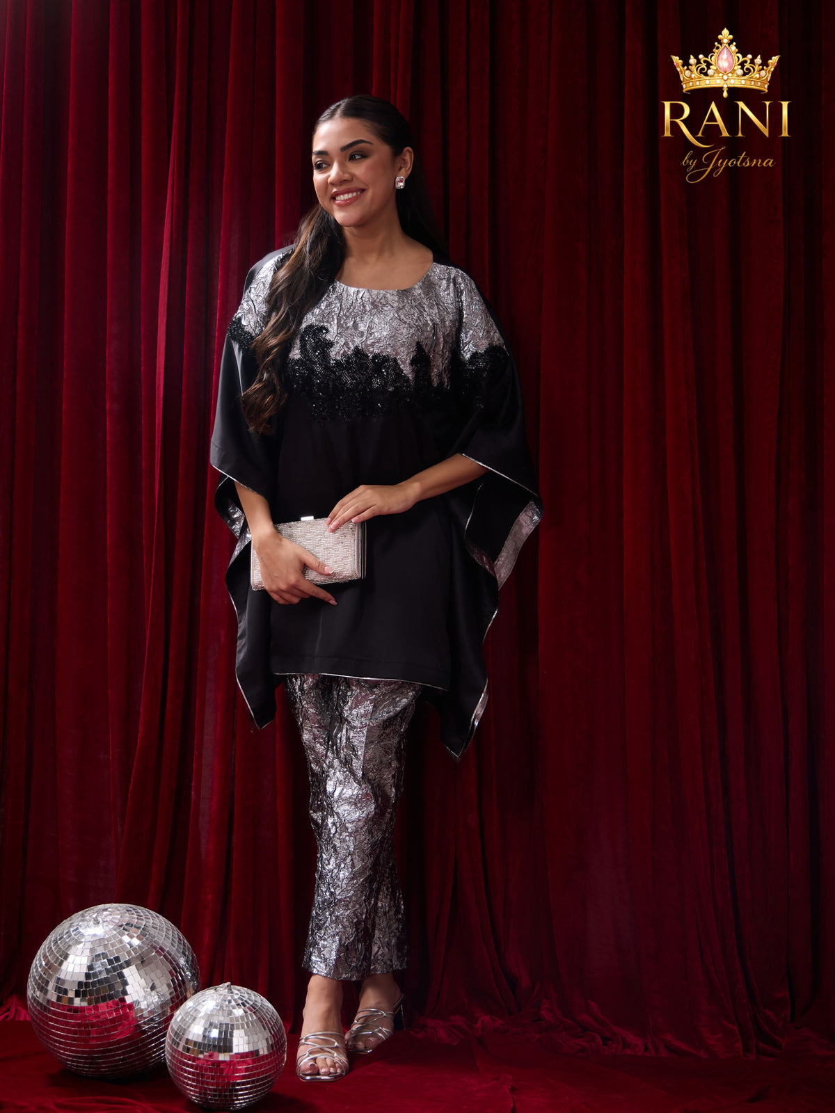 Silver & Black Embellished Kaftan Co-Ord Set