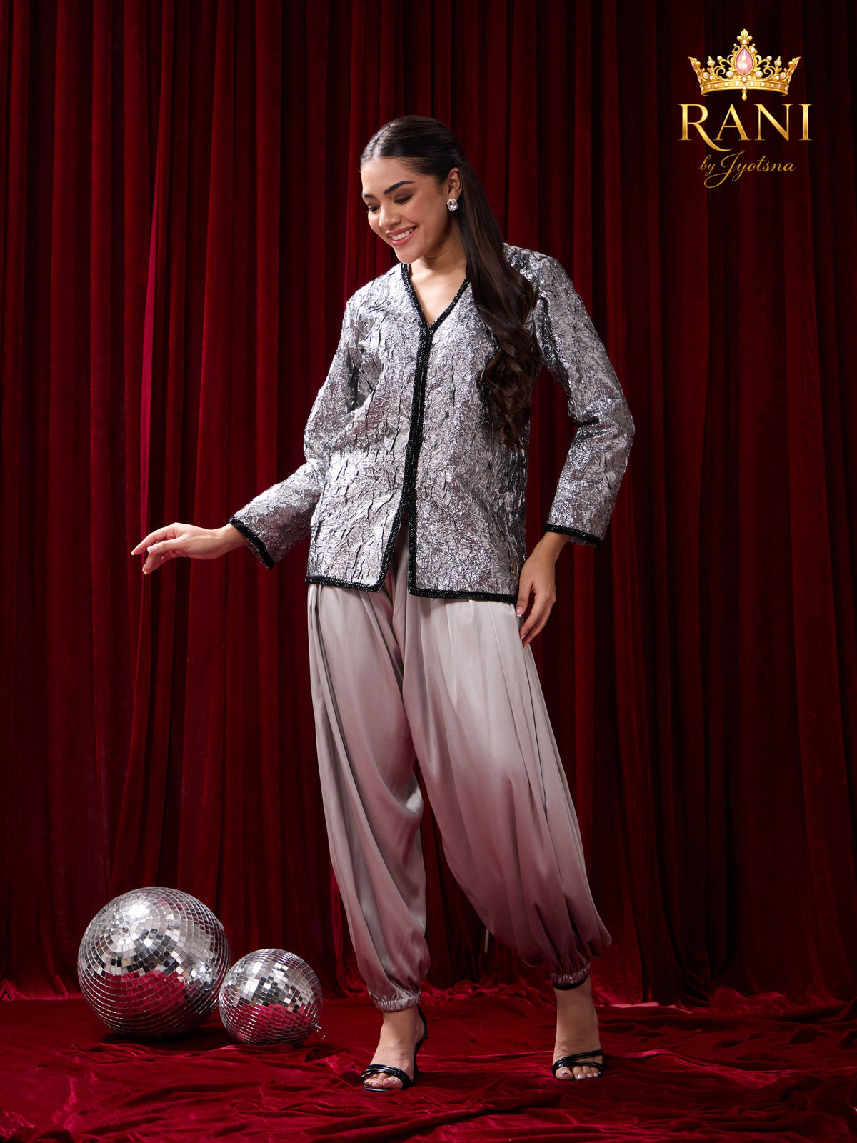 Silver Textured Metallic Jacket & Satin Dhoti Trousers Co-Ord Set