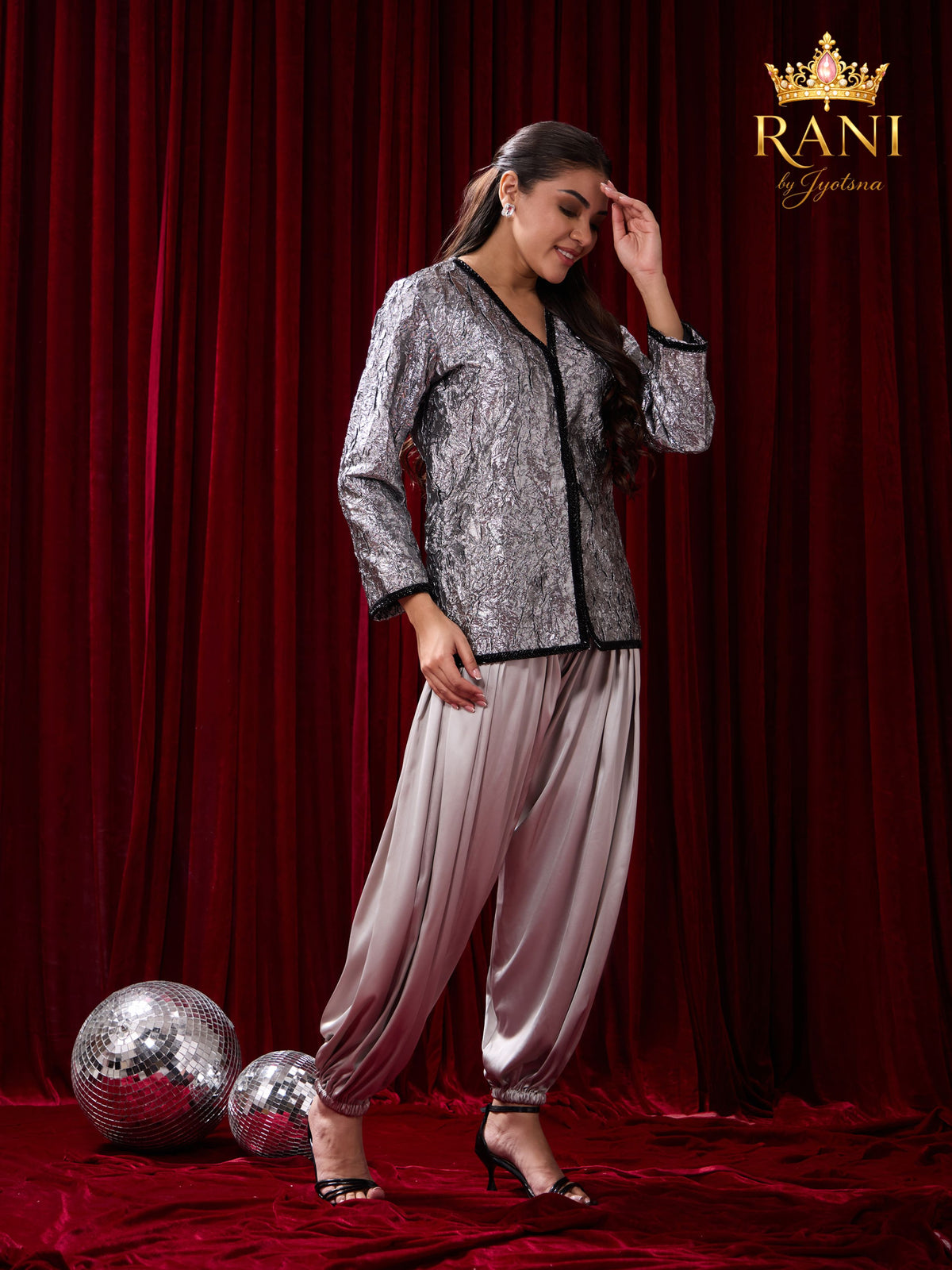 Silver Textured Metallic Jacket & Satin Dhoti Trousers Co-Ord Set