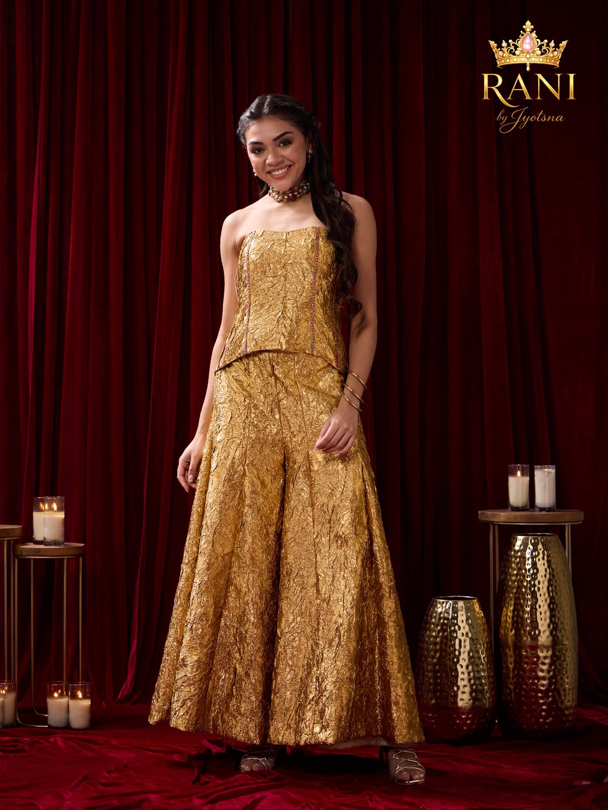 Gold Metallic Crinkle Corset & Wide-Leg Pants Set