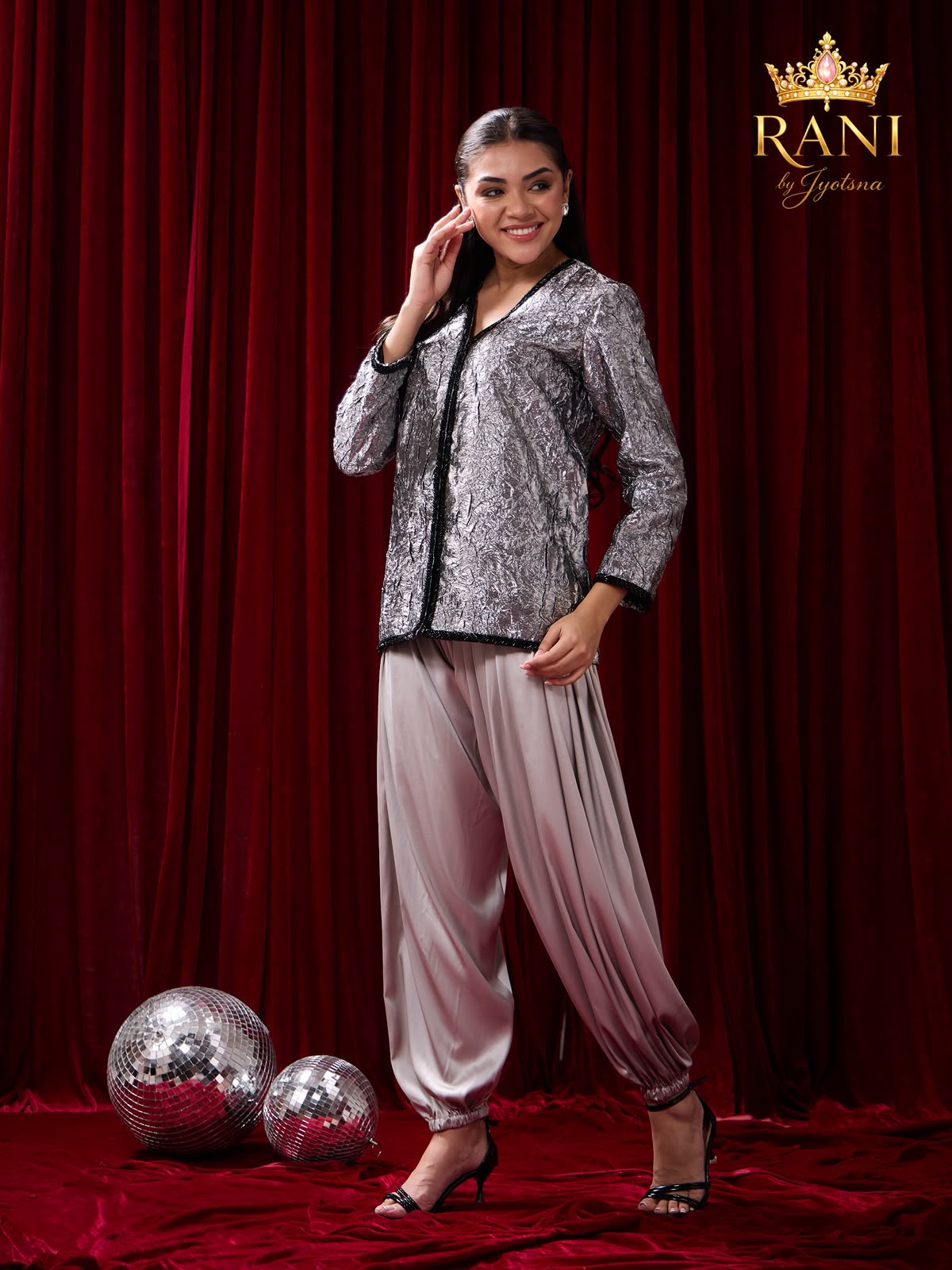 Silver Textured Metallic Jacket & Satin Dhoti Trousers Co-Ord Set