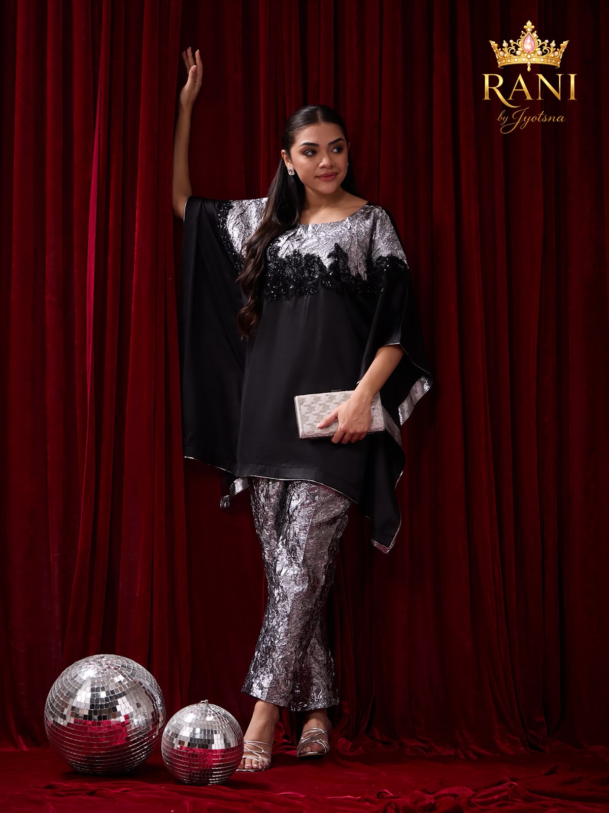 Silver & Black Embellished Kaftan Co-Ord Set